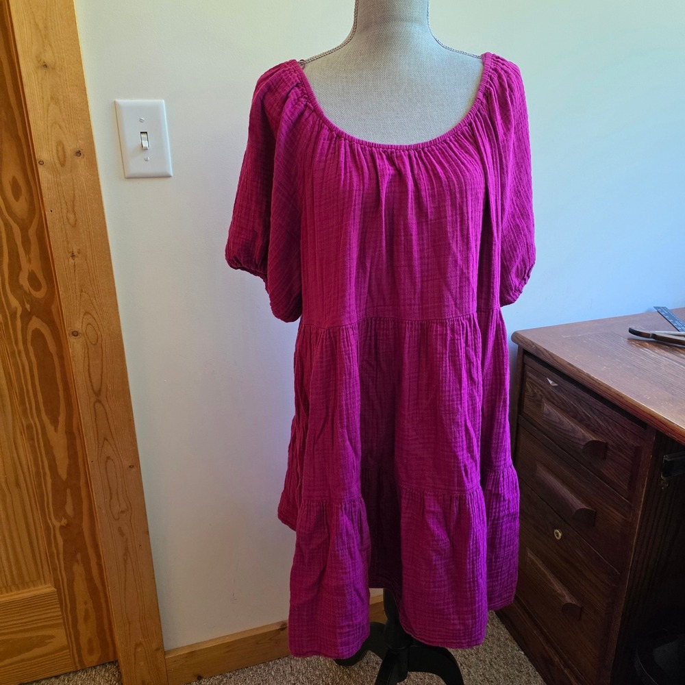 Old Navy Magenta Purple Cotton Gauze Tiered Mini Dress XL Puff Sleeve Scoop Neck